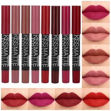 evpct Juego de 8 piezas de lápiz labial mate y lápiz delineador de labios para mujeres, rubí oscuro, rojo profundo, nude, beige, marrón castaño, malva, ciruela, morado, rojo vino, delineador de labios
