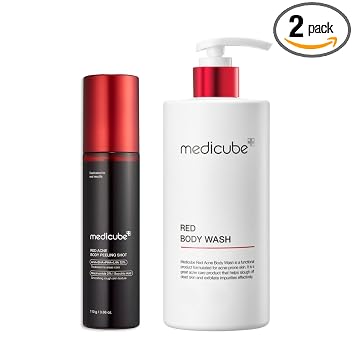medicube esenciales corporales de brillo rojo: Spray Limpiador Corporal Red Body Peeling Shot y Red Body Wash