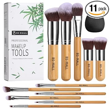 BS-MALL Juego de 11 brochas de maquillaje, brochas de maquillaje profesionales de bambú para base, polvo, rubor, corrector, sombra de ojos y mezcla, ideal para viajes, principiantes y artistas de maquillaje