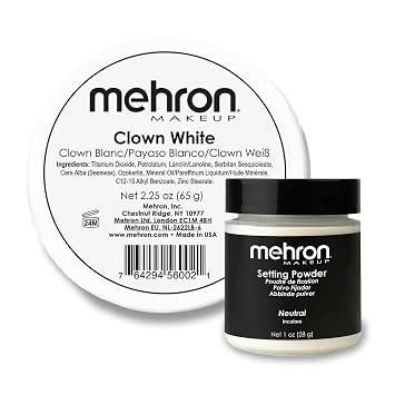 Mehron Pintura facial blanca de payaso de 2.25 onzas y polvo fijador neutro de 1 onza | Maquillaje profesional en crema y polvo suelto para escenarios, películas, cosplay y Halloween