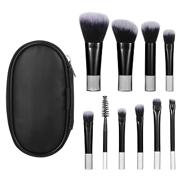 10 piezas de brochas de maquillaje mini para viajes con estuche, negras, portátiles, tamaño de viaje, brochas de maquillaje profesionales, cosméticas, esenciales para viajes, kits para polvo, colorete