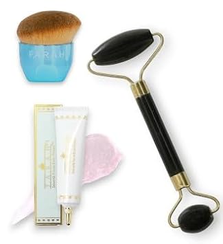F.A.R.A.H Juego de preparación de maquillaje de alta calidad: incluye rodillo facial de obsidiana, imprimación facial de enfoque suave con ácido hialurónico y niacinamida, y cepillo de palma para una