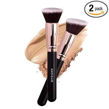 Brocha de base para maquillaje líquido: Brocha Kabuki en ángulo y plana para maquillaje profesional sintético para líquido, crema y polvo, mezcla, cepillo facial impecable (GFOUNS-BR003-2P)