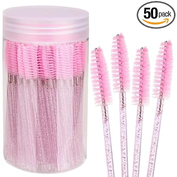 Disposable Mascara Wands, 50PCS Pink Crystal Handle Lash Spoolies for Eyelash Extensions, Eyebrow Brushes