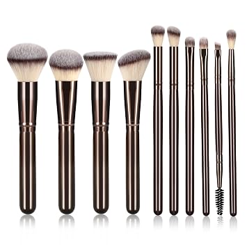 10 Piezas Brochas de Maquillaje Negro Marrón - Mango de Madera con Cerdas Sintéticas Suaves, para Maquillaje de Cara y Ojos|Juego de Brochas de Maquillaje Profesional para Mujeres y Niñas|