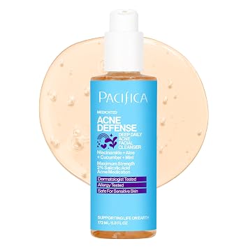 Pacifica Lavado facial para defensa del acné, limpiador facial purificador de poros profundos, con ácido salicílico al 2%, niacinamida reductora de poros y pepino reductor de la inflamación, para pieles sensibles, probado por dermatólogos veganos