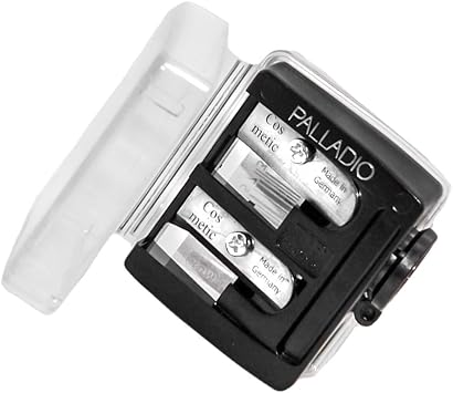 Palladio Sacapuntas cosméticos 3 en 1 de doble barril con tapa, hoja de acero inoxidable, ajustador de tamaño, esencial para delineador de labios pequeños y extragrandes, delineador de ojos, lápices