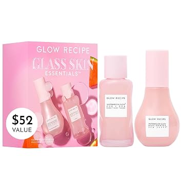 Glow Recipe Glass Skin Essential - Kit de cuidado de la piel coreano, incluye suero facial de gotas de rocío de niacinamida y tónico facial PHA + BHA, suero hidratante alimentado por sandía de tamaño viaje y minimizador de poros (2 unidades)