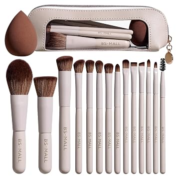 BS-MALL Juego de 14 brochas de maquillaje con 1 esponja de maquillaje, correctores de polvo de base esencial, sombras de ojos, brochas de maquillaje de rubor con estuche de maquillaje de viaje (beige)