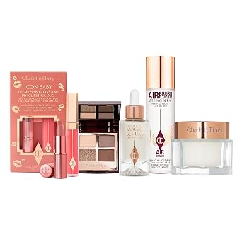 Charlotte Tilbury Holiday Beauty Set - Aerógrafo de ajuste impecable en aerosol de 3.4 fl oz, crema mágica de Charlotte, 1.0 fl oz, suero mágico de 0.3 fl oz, paleta de sombras de ojos Golden Goddess e Icon Baby Lip Duo