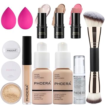 PHOERA Foundation - Kit de maquillaje de contorno 3 en 1, resaltador, rubor y bronceador para esculpir mejillas (porcelana/nude)