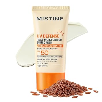 Mistine Protector solar hidratante facial de defensa UV SPF 50, protector solar hidratante 24 horas, sin yeso blanco, protector solar coreano ligero de amplio espectro para todas las pieles, seguro