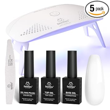 Kit de esmalte de uñas en gel blanco Beetles con luz UV, kit de iniciación de esmalte en gel de 5 piezas con base y capa superior y lima de uñas para principiantes, set de arte DIY blanco removible | Starter Kit with Base & Top Coat and Nail File for Begin