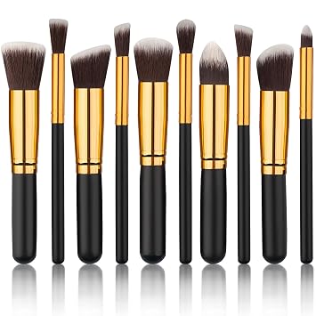 Juego de 10 brochas de maquillaje sintéticas de alta calidad: sombra de ojos, polvo, cejas, delineador de ojos, rubor, base y corrector - negro y dorado