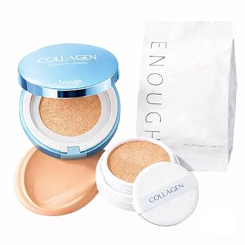ENOUGH Collagen Aqua Air Cushion SPF 50, maquillaje de base hidratante de cobertura completa, protector solar hidratante tintado, cosméticos coreanos para el cuidado de la piel para mujeres, acabado húmedo (#21 Brillo natural con juego de repuesto)