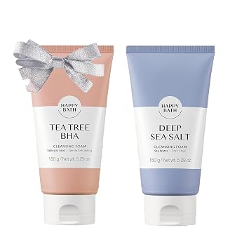 HAPPY BATH Deep Sea Salt Face Wash & Tea Tree Face Wash | Lavado facial exfoliante con cuentas de celulosa, combinación con piel grasa, limpiador facial espumoso coreano, fórmula suave para rellenos