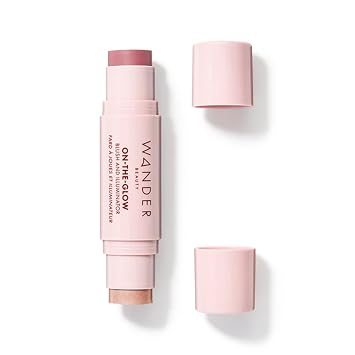 Wander Beauty Rubor e iluminador On-the-Glow - Dusk/Nude Glow - Crema hidratante 7 en 1 rubor y resaltador en barra - Rubor en barra para mejillas, labios, cara y cuerpo - Resaltador de maquillaje y rubor - 0.4 onzas