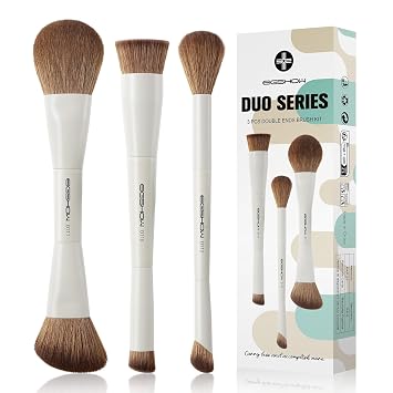 EIGSHOW Juego de brochas de maquillaje, 3 brochas de maquillaje facial de doble punta para base, polvo, contorno, reflejos, corrector, sombra de nariz, juego de regalo de viaje (beige)