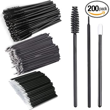 Kit de 200 extensiones de pestañas, suministros de extensión de carretes de pestañas, cepillo de cejas, varitas de rímel, cepillos de labios, aplicadores desechables de micro hisopos para extensiones de pestañas, kit de laminación de cejas, color negro