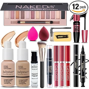 Kit completo de maquillaje todo en uno para mujeres, juego de maquillaje de 12 colores sombra de ojos, base e imprimación, lápiz labial, delineador de ojos, rímel, barra de contorno, jabón para cejas