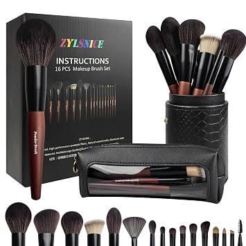 Brochas de Maquillaje 16 Piezas Juego de Brochas de Maquillaje Profesional, Mango de Madera Juego de Brochas de Maquillaje de Viaje con Estuche, Kit de Brochas de Maquillaje de Fibra Sintética Premium