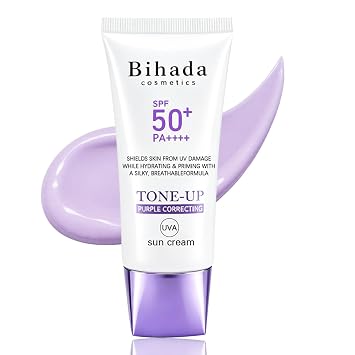 Imprimación de protección solar de tono morado SPF 50+ PA ++++, imprimación facial correctora de color para matices amarillos y piel de aspecto opaco, base de maquillaje ligera hidratante no grasa