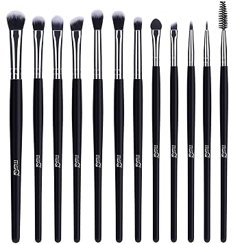MSQ Juego de 12 brochas de maquillaje para sombra de ojos, con pelos sintéticos suaves y mango de madera real más largo para sombra de ojos, pestañas, cejas, delineador de ojos, mezcla, transparente