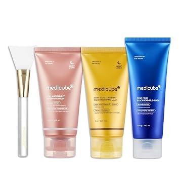 medicube Pore & Glow K-Viral Mask Set: Paquete de mascarilla facial con colágeno durante la noche, mascarilla facial de cúrcuma durante la noche, mascarilla 2.0 y máscara facial de barro de puntos negros cero poros y un cepillo de gelatina