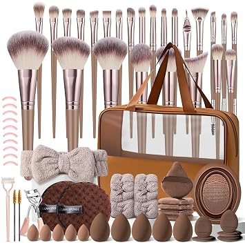KUORYZAL Juego de brochas de maquillaje marrón profesional de 66 piezas con estuche sintético premium para base, corrector, rubor, sombra de ojos, polvo, contorno, kit de brochas de maquillaje para el