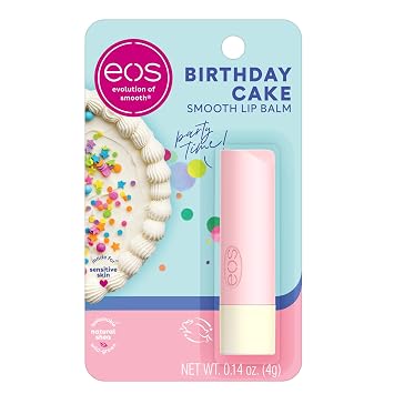 eos Bálsamo labial de karité natural, pastel de cumpleaños, humedad durante todo el día, manteca de karité, cuidado de labios secos, 0.14 onzas