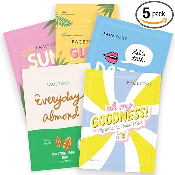FACETORY Paquete variado de 5 mascarillas coreanas favoritas, brillo de