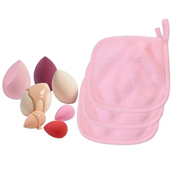 Juego de esponja de maquillaje y toallas de limpieza facial, 7 esponjas de maquillaje con 3 toallas faciales suaves, licuadora de belleza reutilizable y paños removedores de maquillaje (juego rosa