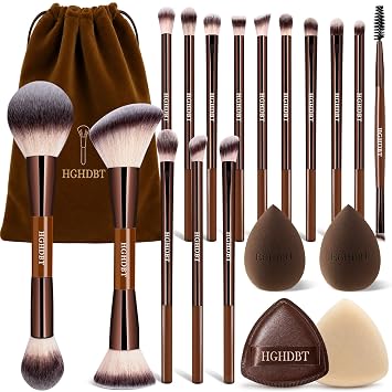 HGHDBT Juego de 20 brochas de maquillaje marrón profesional con estuche sintético prémium para base, corrector, rubor, sombra de ojos, polvo de ojos y cara, kit de brochas de maquillaje con