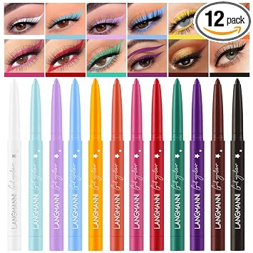 Juego de 12 delineadores mates cremosos para ojos, de los colores del arcoíris, neón, delineadores tipo lápiz, no se corren, de larga duración, regalo para mujeres, negro, blanco y marrón (juego D)