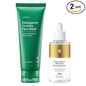 TOSOWOONG Cleanse and Exfoliate Duo, ampolla peladora de arroz blanco y lavado facial Madagascar Centella, juego coreano de cuidado de la piel con 75% de agua de salvado de arroz, complejo de 9 cicos