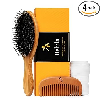 Juego de cepillo de cerdas de jabalí premium para cabello grueso. Cepillo para mujeres con cabello grueso, largo o rizado. Restaura el brillo y la salud del cabello. Incluye peine, bolsa de viaje y