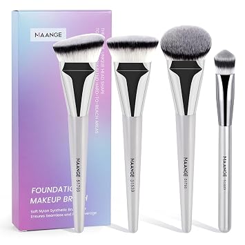 MAANGE Juego de 4 brochas de maquillaje para base, corrector, contorno, líquido, mezcla, cara, Kabuki, kit de brochas de maquillaje (plateado)