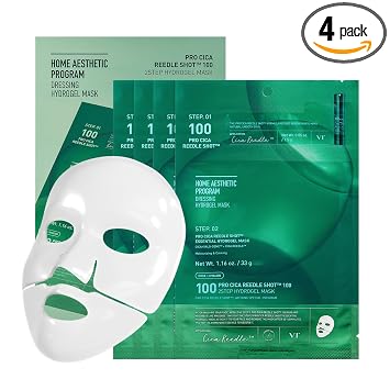 VT COSMETICS Pro Cica Reedle Shot 100 Máscara de Hidrogel de 2 Pasos (34.5gx4ea), Calmante Intensivo, Exosoma Centella Asiática, Alivio de Imperfecciones, Máscara de Fusión Nocturna, Máscara Facial