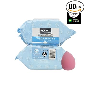 Equate Beauty - Toallitas limpiadoras desmaquillantes, 80 unidades, 2 unidades, 1 esponja de maquillaje Explorador de etiqueta privada