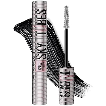 Maybelline Lash Sensational Sky Tubes - Máscara alargadora tipo extensión, maquillaje de ojos 24 horas con manteca de karité y aceite de ricino, muy negro, 1 unidad