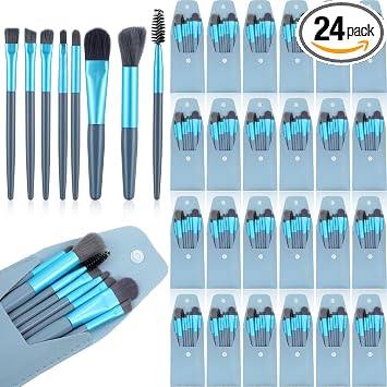 Juego de 24 mini brochas de maquillaje de viaje, cada juego contiene 8 brochas de maquillaje portátiles de tamaño de viaje con bolsas de cuero azul para regalos de boda, regalos de dama de honor, despedida de soltera