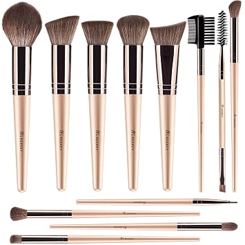 BEAKEY Juego de 12 brochas de maquillaje veganas, fibras suaves de Taklon de alta densidad, mangos de abedul duraderos, sin pérdida de cerdas, fáciles de limpiar, perfectas para crear cualquier look