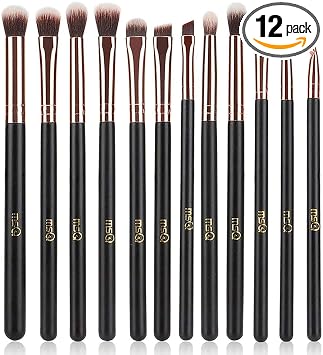 MSQ - Pinceles de maquillaje para ojos, 12 unidades, color oro rosa, juego de brochas con cerdas sintéticas suaves y mango de madera natural para sombras, cejas, delineado y difuminado (sin bolsa)