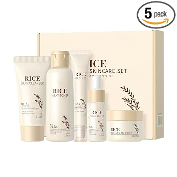 Set hidratante de cuidado de la piel de arroz coreano – Radiance Skincare rutina de 5 pasos con limpiador de arroz, tónico, suero, crema facial, crema para ojos, ácido hialurónico y ceramidas para una piel brillante, todo tipo de piel