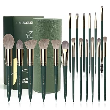 LULUCOLORS - Juego de 18 brochas de maquillaje de madera verde con estuche