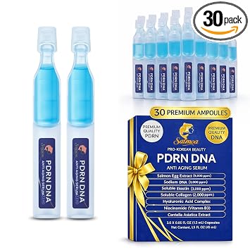 Péptido de ADN de salmón, 99% PDRN Korean Skincare Suero antienvejecimiento con huevo de salmón, colágeno, elastina, ácido hialurónico y niacinamida, línea fina, hidratante 0.05 onzas líquidas x 30e