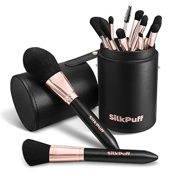 Silkpuff - Juego de 15 brochas de maquillaje profesionales, brochas de maquillaje de viaje con estuche de cepillo, mango de madera nacarada, pelo de fibra sintética de alta calidad libre de crueldad, corrector de base, rubor de sombra de ojos (negro)