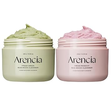 ARENCIA Limpiador facial Mochi de arroz coreano DUO [verde fresco + rosa mosqueta] – Limpieza profunda de poros, lavado facial de acné, removedor de puntos negros para pieles sensibles y todo tipo de piel
