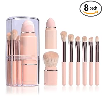 Juego de 8 brochas de maquillaje de viaje con estuche, cepillo retráctil para polvo, sombra de ojos, labios y cejas más esponja de maquillaje, kit de mini brochas cosméticas para ojos y retoques