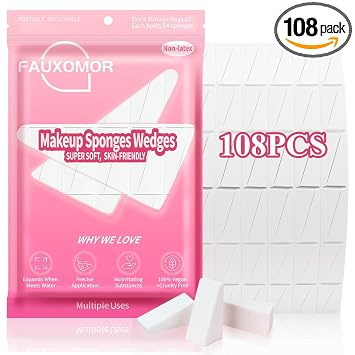 Fauxomor 108 piezas de nuevas esponjas de maquillaje cuñas para base facial, esponja cosmética triangular sin látex para aplicación y mezcla sin imperfecciones, esponja Beauty Blender para todo tipo